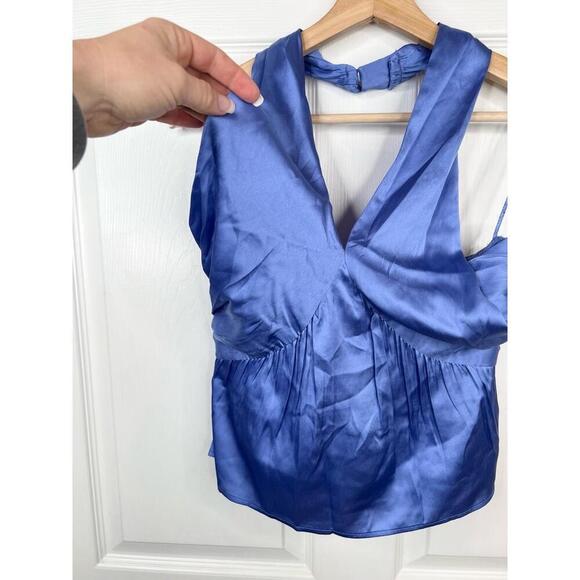 French Connection Blue Satin Halter Top Womens Size XS Smocked back - Picture 4 of 11
